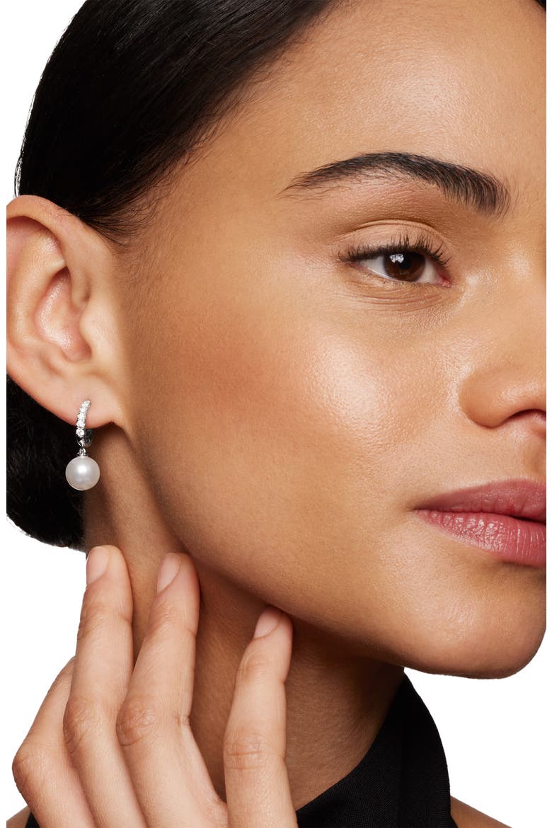 Pearl and Pavé Drop Earrings in 18K Yellow Gold with Diamonds, Alternate, color, STERLING SILVER