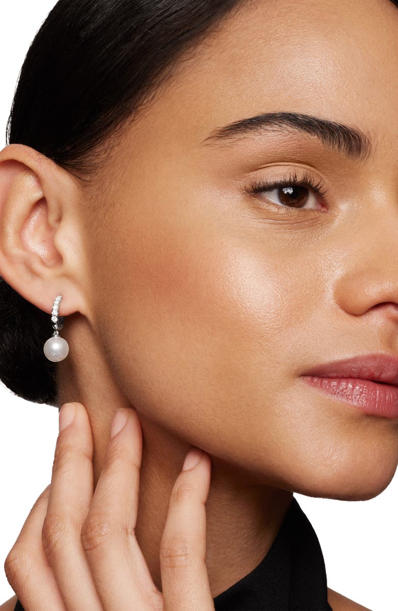 David Yurman Pearl and Pavé Drop Earrings in 18K Yellow Gold with Diamonds, Alternate, color, Sterling Silver