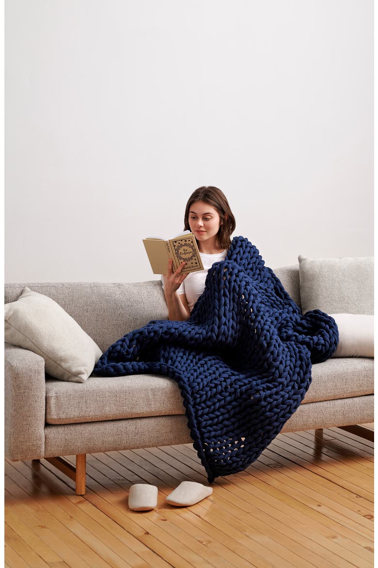 Organic Cotton Weighted Knit Blanket, Alternate, color, MIDNIGHT BLUE