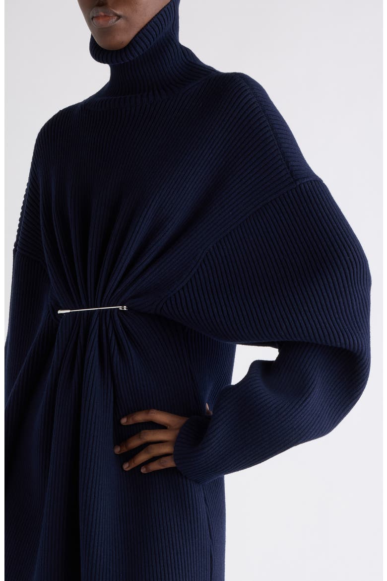 Pinched Long Sleeve Wool Rib Dress, Alternate, color, 4140 NAVY