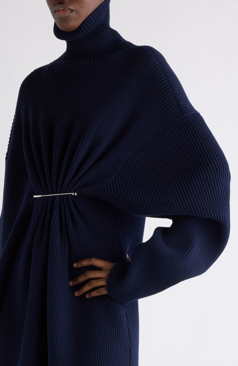 Balenciaga Pinched Long Sleeve Wool Rib Dress, Alternate, color, 4140 Navy