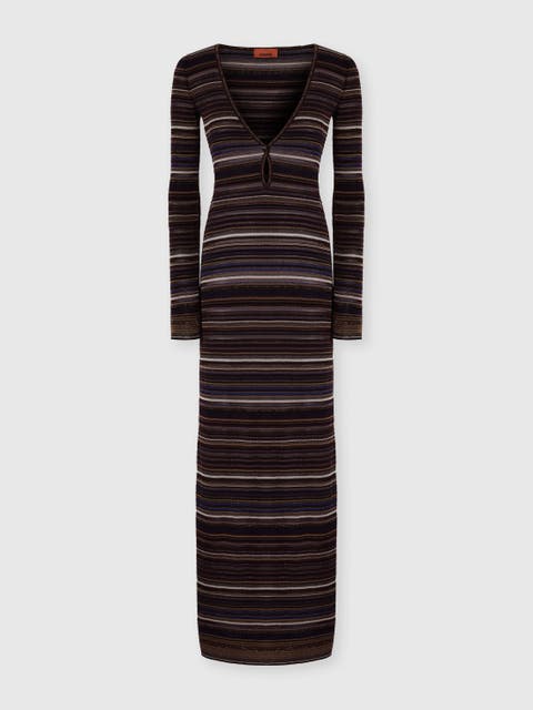 Long Dress With V-neck In Ribbed Knit