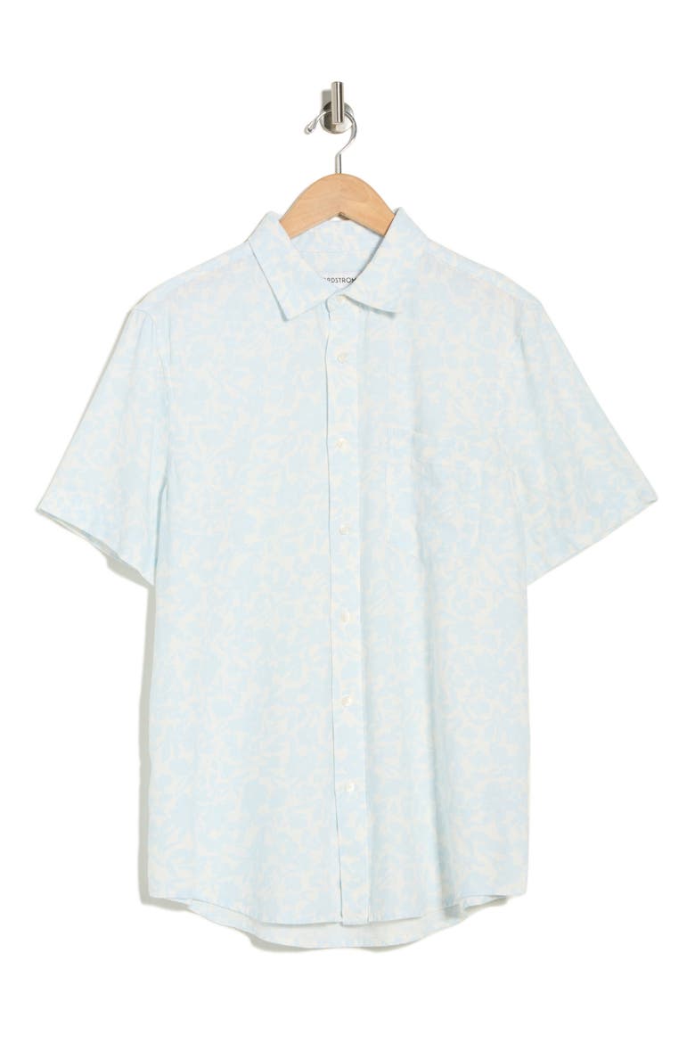 Short Sleeve Linen Blend Button-Up Shirt, Alternate, color, BLUE LINEWORK FLORAL