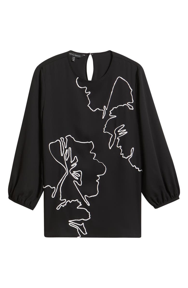 Ming Wang Floral Embroidered Popover Top, Main, color, Black/ White