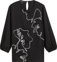 Ming Wang Floral Embroidered Popover Top
