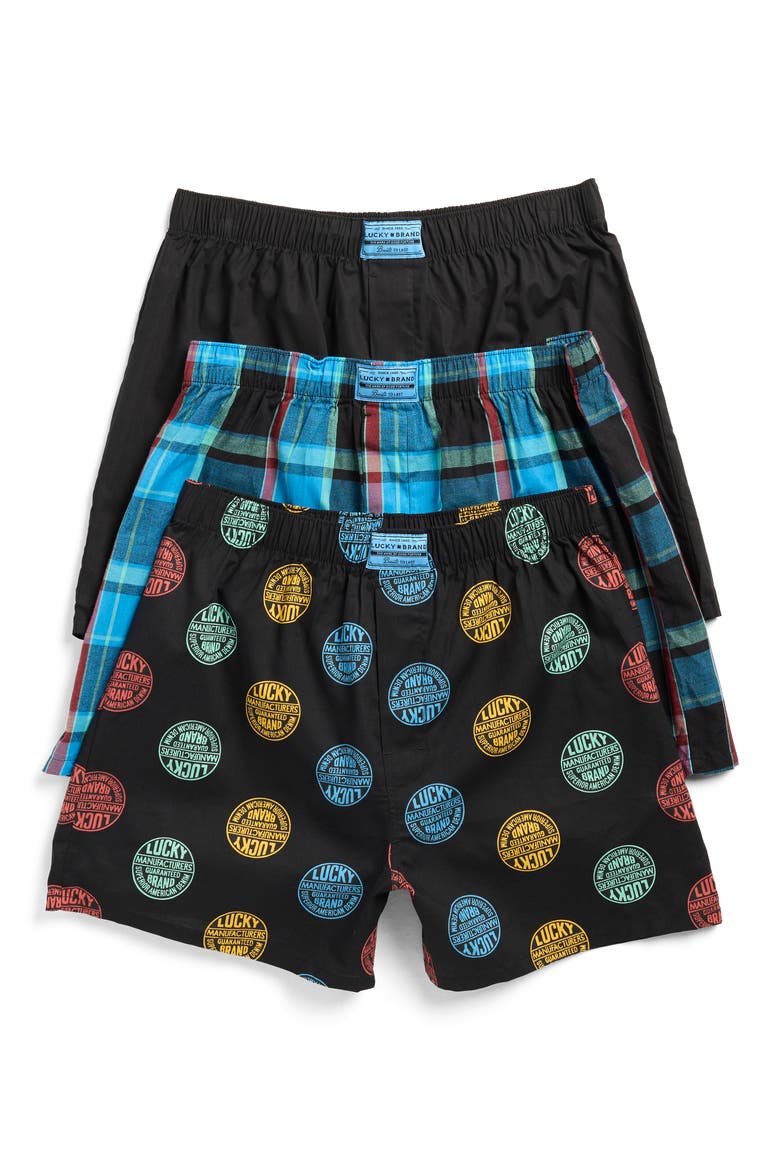 Pack of Three Woven Boxers, Main, color, BLACK