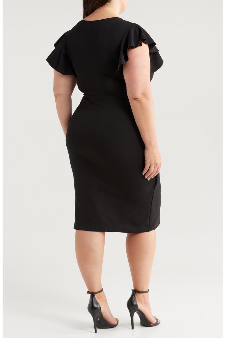 Ruffle Sleeve Stretch Faux Wrap Dress, Alternate, color, BLACK