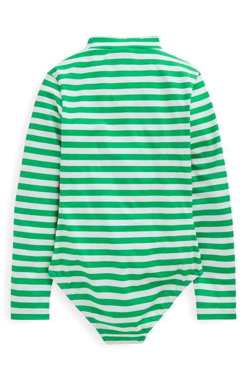 Shop Mini Boden Kids' Stripe Long Sleeve One-piece Rashguard Swimsuit In Green Seahorse