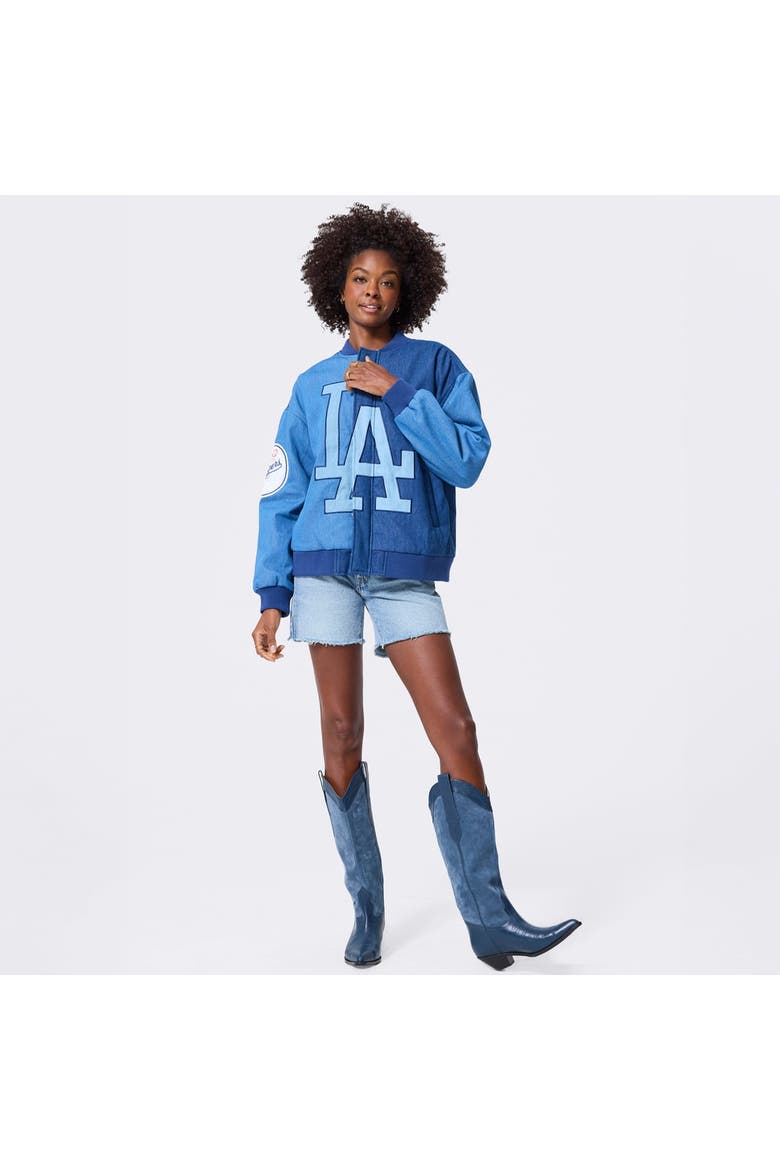 Women's Terez Blue Los Angeles Dodgers Denim Blocked Bomber Jacket, Alternate, color, Blue