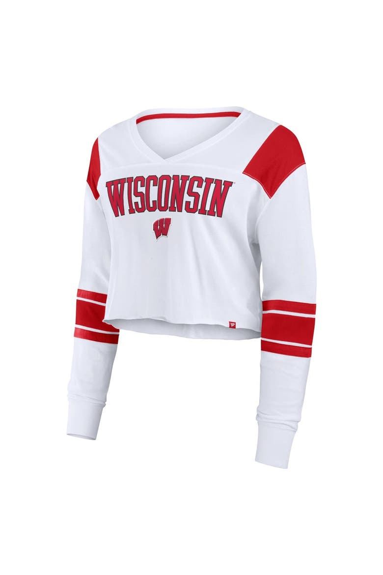 Women's Fanatics White Wisconsin Badgers Training Camp Cropped Long Sleeve V-Neck Fashion Top, Alternate, color, White