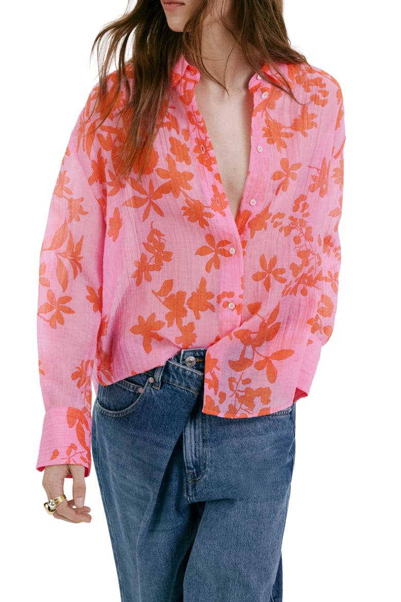 Relaxed Fit Crinkle Button-Up Shirt, Main, color, PINK