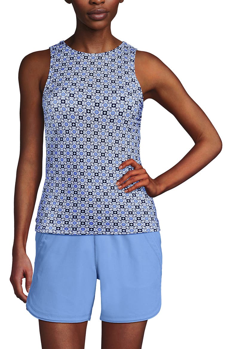 DD-Cup High Neck UPF 50 Sun Protection Modest Tankini Swimsuit Top, Alternate, color, Lake Blue Geo Floral