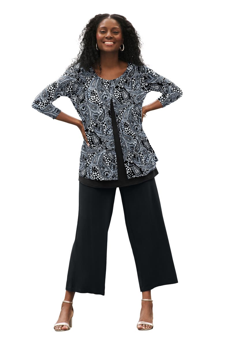 Jessica London Crew Neck Double Layered Tunic, Alternate, color, Black White Garden Paisley