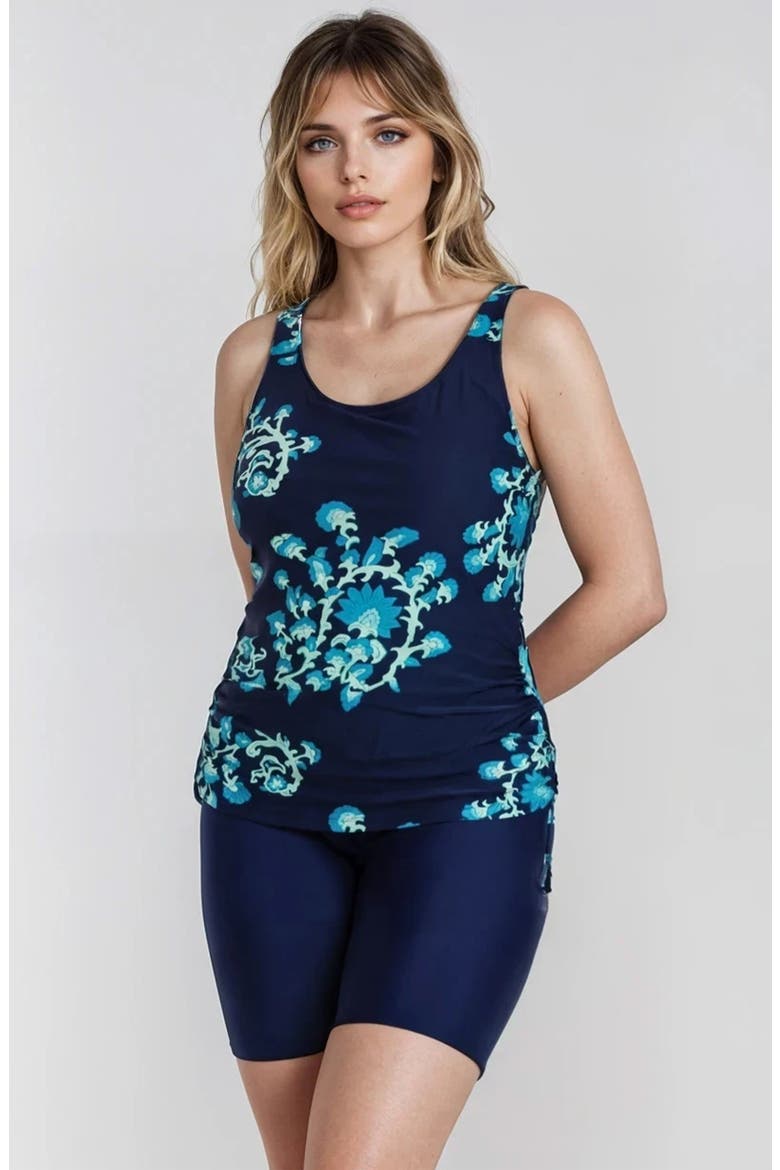 Maya Tankini Swim Top With Removable Cups and Navy Mid-Thigh Swim Shorts Set, Alternate, color, Barbados Blue