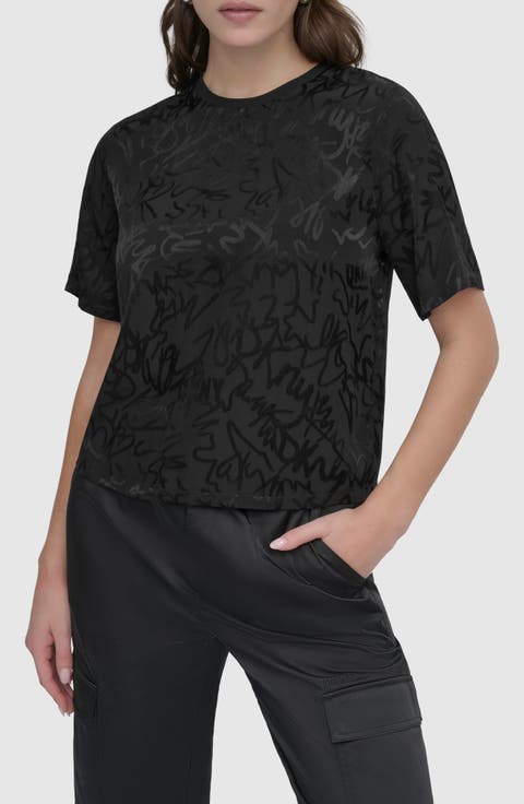 売れ筋商品|||ダナ キャラン ニューヨーク カットソー トップス レディース Women's Sequin Mesh Short-Sleeve Top Black Donna Karan New York Women's Sequin Mesh Short-Sleeve Top