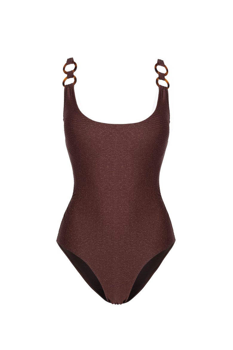 Chloe Tank Ring Trim One-Piece Swimsuit, Main, color, Cacao/Gold Metallic