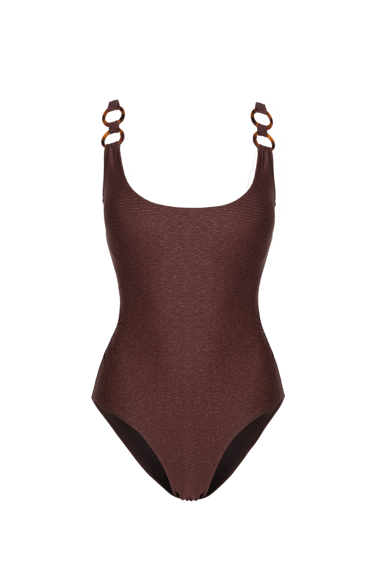 Change of Scenery Chloe Tank Ring Trim One-Piece Swimsuit, Main, color, Cacao/Gold Metallic