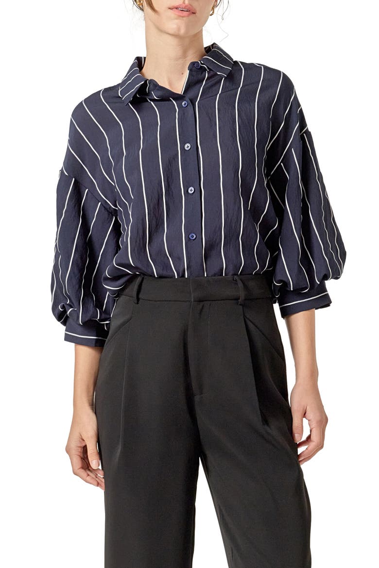 Stripe Balloon Sleeve Shirt, Main, color, NAVY/ WHITE