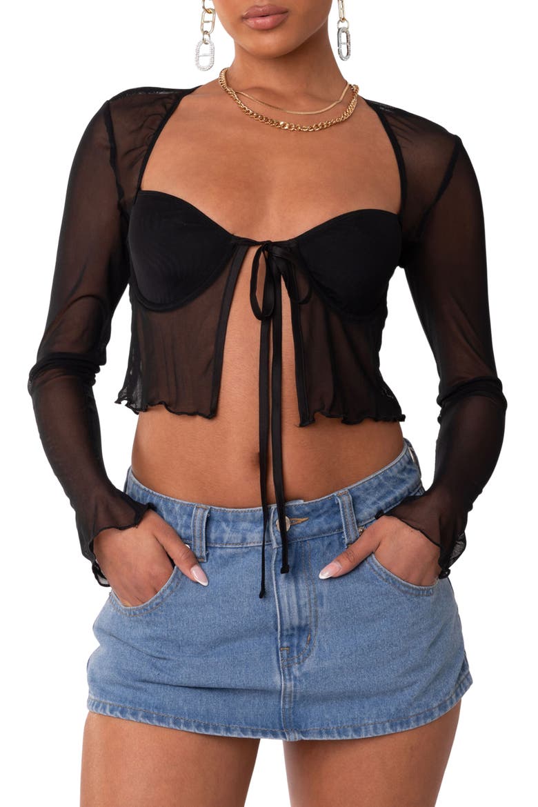 Mesh Long Sleeve Bra Top, Main, color, BLACK