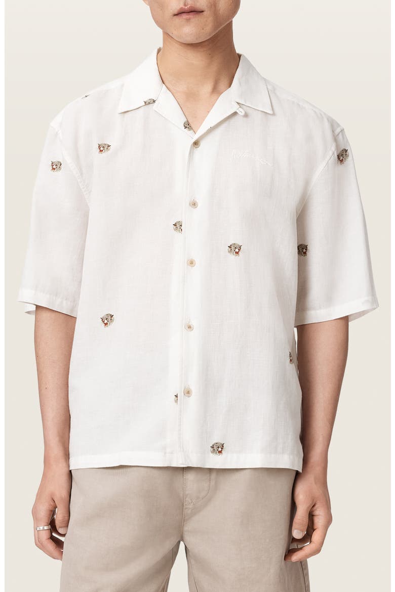 Feline Embroidered Linen & Cotton Camp Shirt, Main, color, ECRU