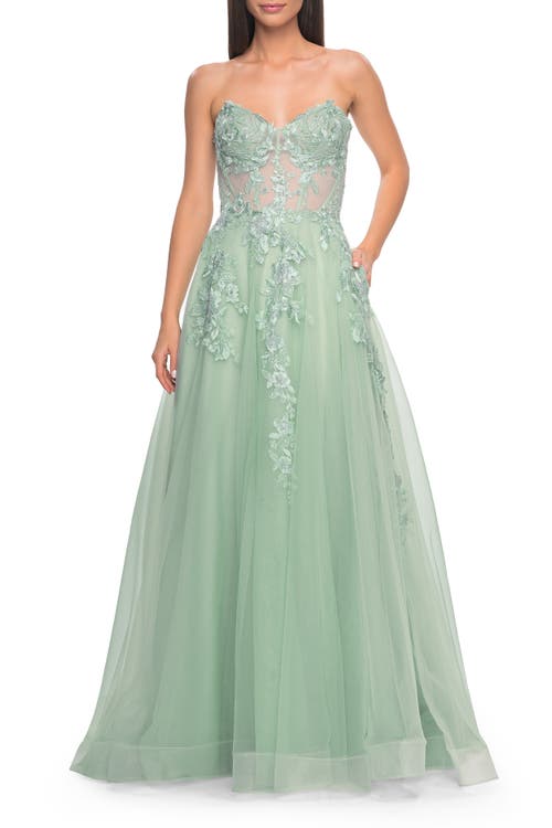 La Femme Sweetheart Strapless Gown With Beautiful Lace Applique