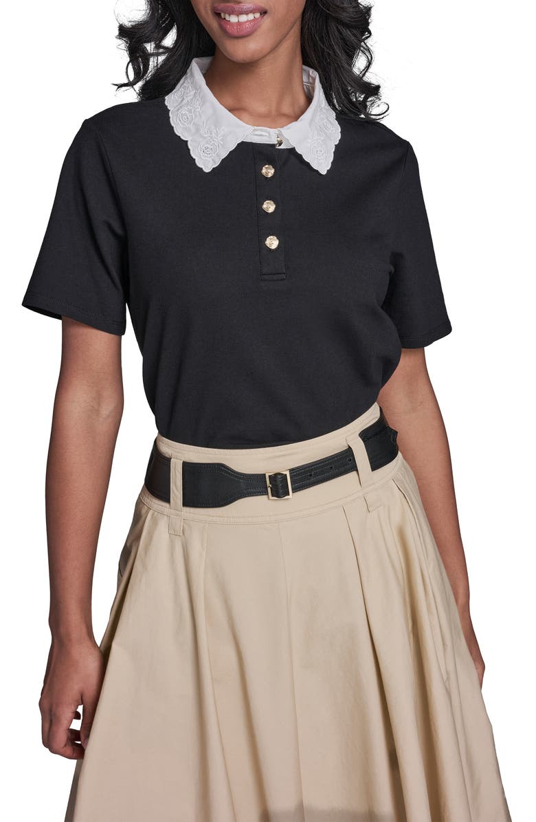 KARL LAGERFELD PARIS Floral Collar Knit Top, Main, color, Black