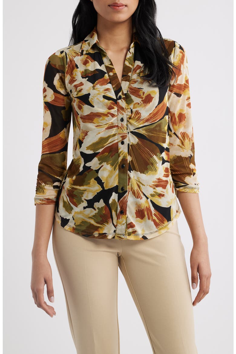 Tropical Print Ruched Mesh Button-Up Shirt, Main, color, ANNE BLACK MULTI
