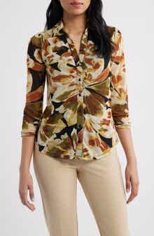 Tropical Print Ruched Mesh Button-Up Shirt