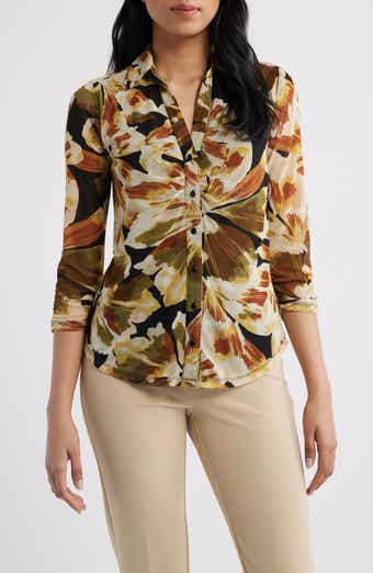 Tropical Print Ruched Mesh Button-Up Shirt