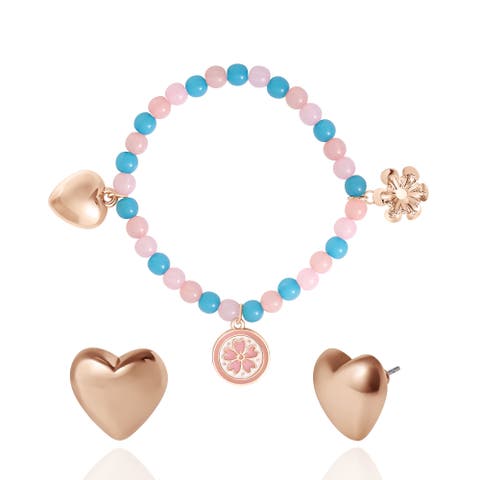 Kids Pastel Beaded Bracelet & Heart Earrings Set
