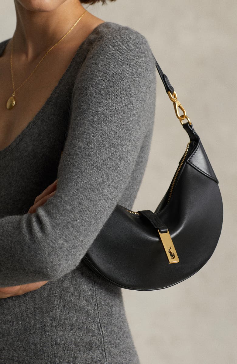 Polo Ralph Lauren Medium Polo ID Calf Leather Shoulder Bag, Alternate, color, Black