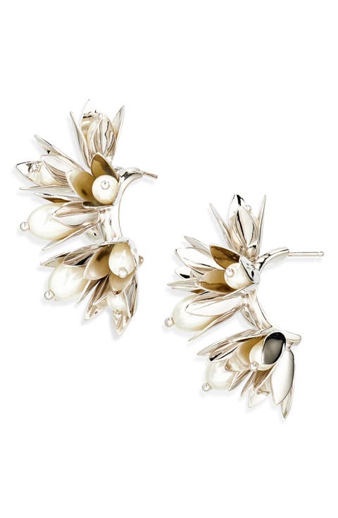 Encased Faux Pearl Flower Cluster Earrings