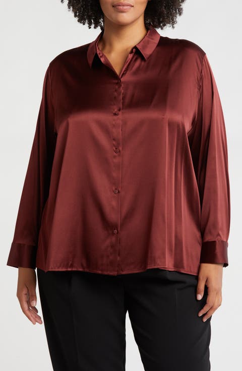 Classic Collar Stretch Silk Button-Up Shirt (Plus)