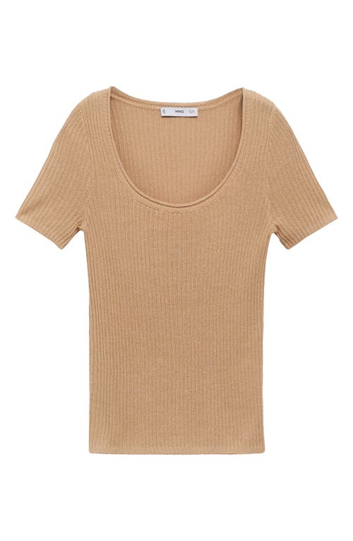 Mango Scoop Neck Short Sleeve Rib Sweater In Brown