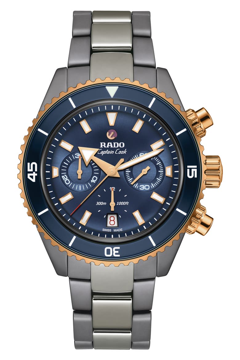 Captain Cook Chronograph Automatic Bracelet Watch, 43mm, Main, color, BLUE