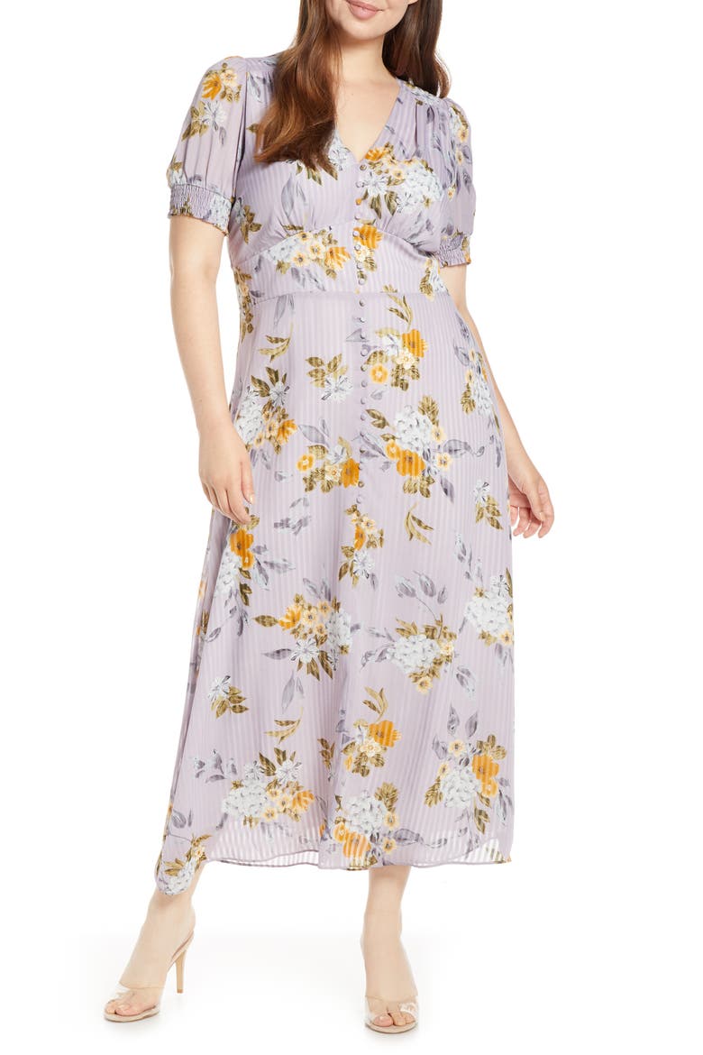 V-Neck Floral Midi Dress, Alternate, color, LILAC FLORAL