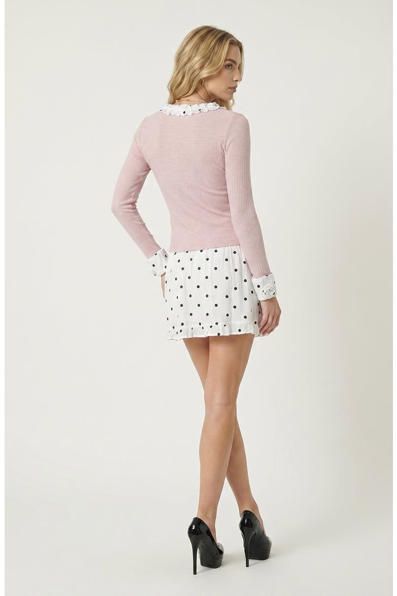 Ribbed Knit Two Piece Set with Ruffle Collar Cardigan and Polka Dot Skirt, Alternate, color, Pink