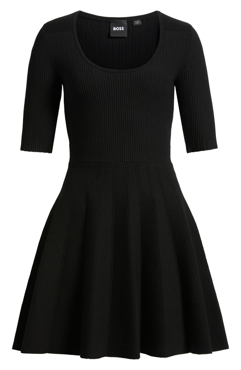 BOSS Scoop Neck Fit & Flare Rib Dress, Alternate, color, Black