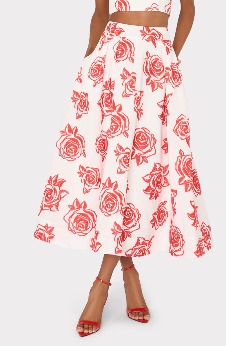 Milly Juliet Rose Embroidery Cotton Midi Skirt, Main, color, Red/ White