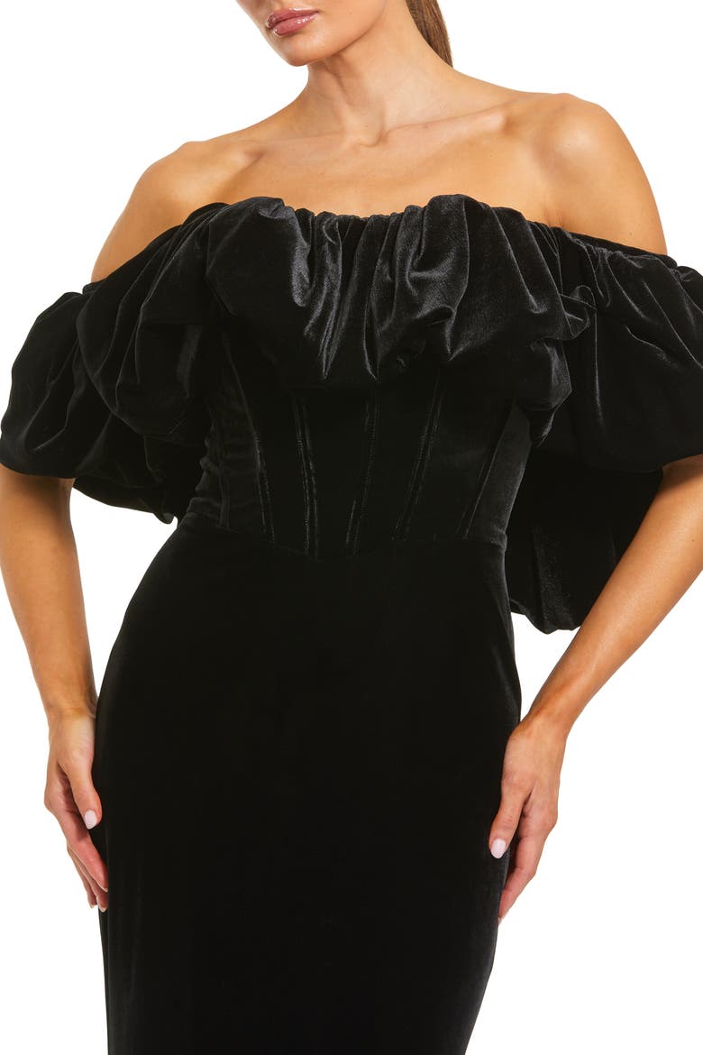 Off The Shoulder Bustier Velvet Mermaid Gown, Alternate, color, Black