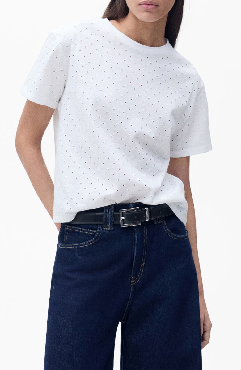 MANGO Embroidered Openwork Cotton T-Shirt, Main, color, White