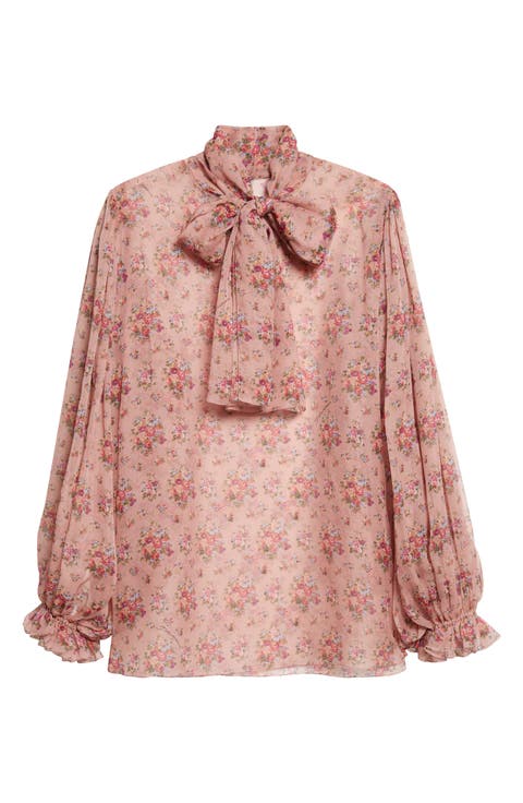 Floral Bouquets Silk Chiffon Tie Neck Shirt