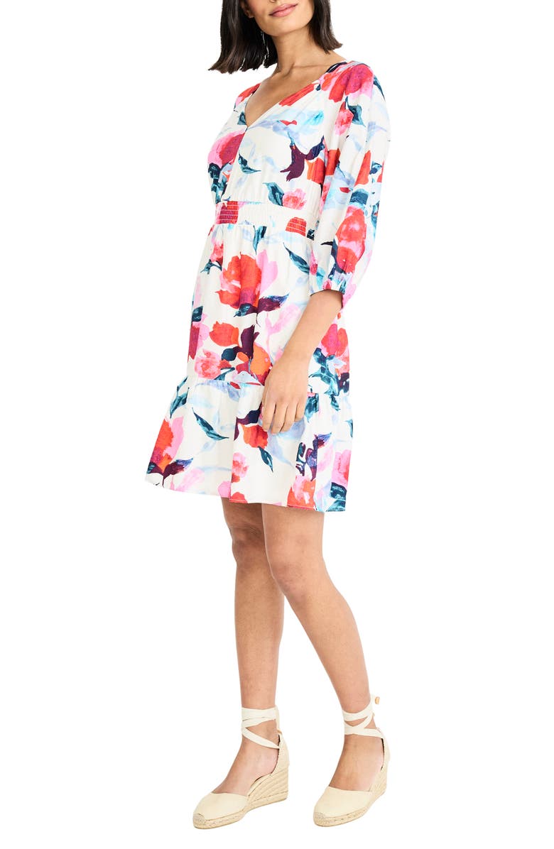 Maggy London Three Quarter Sleeve Printed Minidress, Alternate, color, Soft White/ Pink