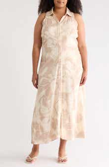 Floral Side Ruched Linen Blend Midi Dress