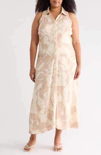 Floral Side Ruched Linen Blend Midi Dress