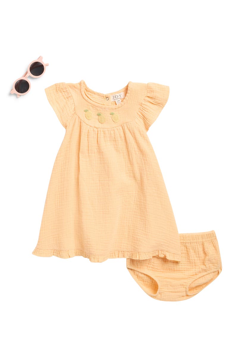 JOY JUST ORGANIC YOU Organic Cotton Gauze Dress, Bloomers & Sunglasses Set, Main, color, Orange