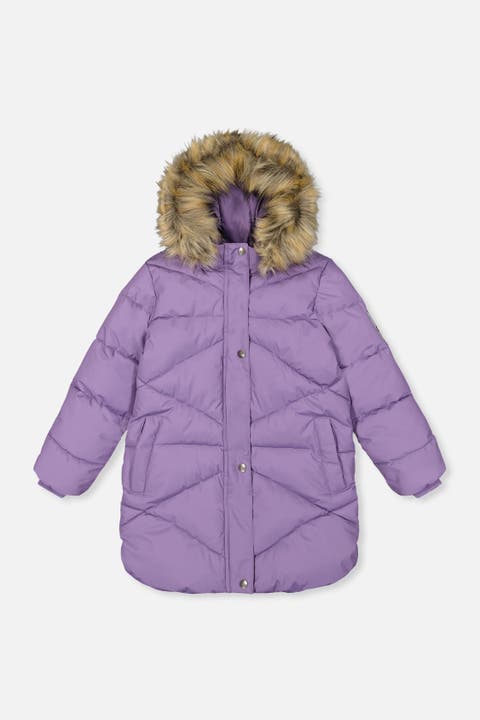 Long Diamond Quilted Faux Fur Hood Puffer Coat