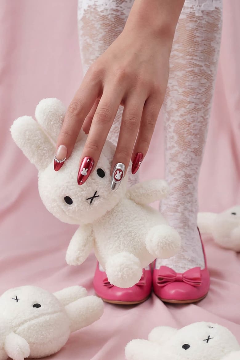 Miffy Burgundy Almond Press On Nails Cute Character Nail Art, Alternate, color, Red