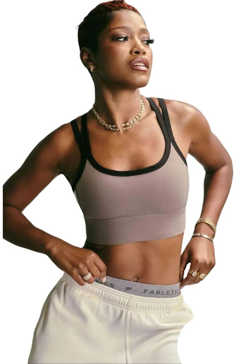 Principal Color Block Longline Medium Impact Bra, Alternate, color, Desert Shadows/Bone/Black