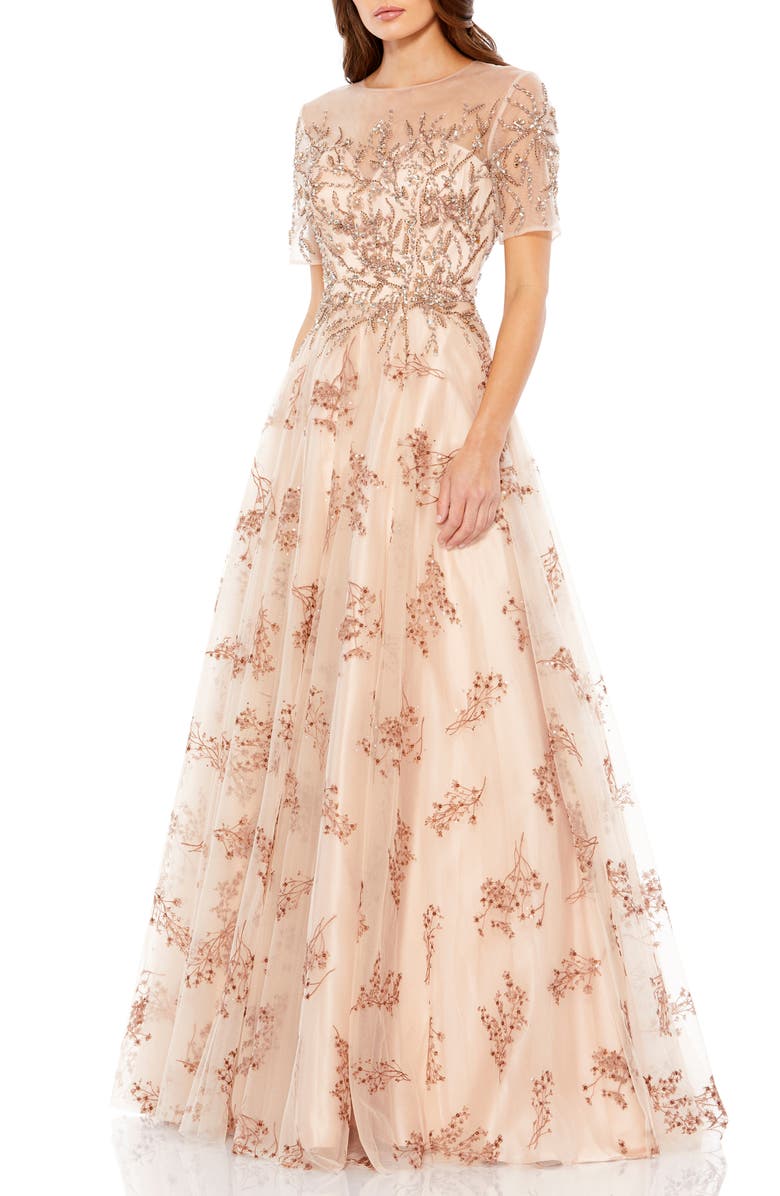 Mac Duggal Embellished Illusion Short Sleeve A Line Gown, Main, color, Champagne